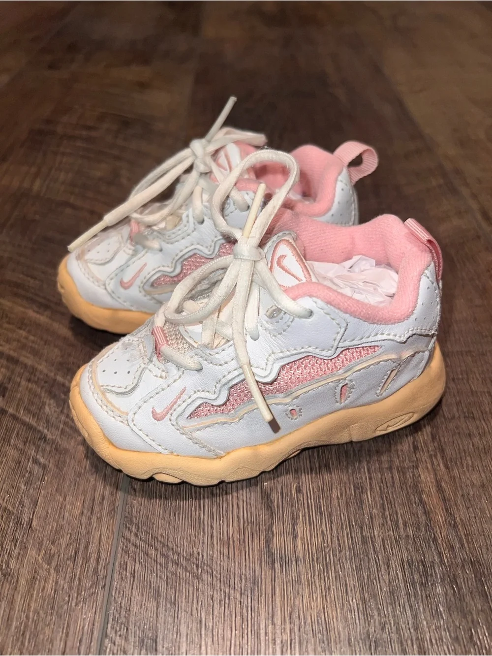 Vintage Nike Kids White and Pink Sneakers with Tan Sole